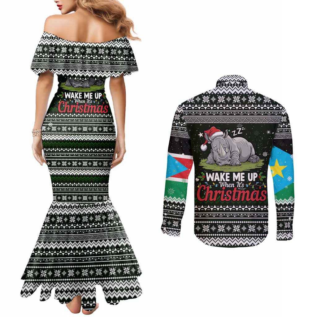 South Sudan Christmas Couples Matching Mermaid Dress and Long Sleeve Button Shirt with National Map, Flag Colors, and Sleeping Rhino Motif - Wonder Print Shop