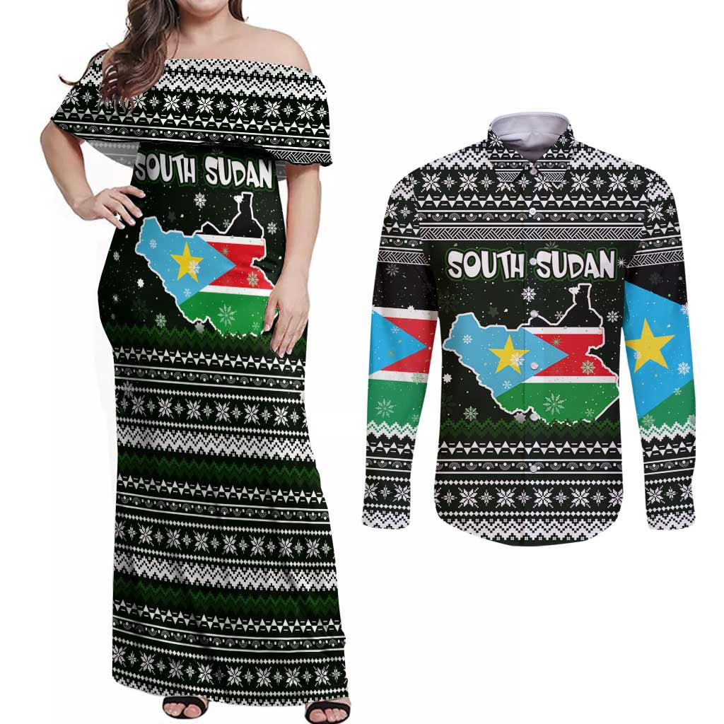 South Sudan Christmas Couples Matching Off Shoulder Maxi Dress and Long Sleeve Button Shirt with National Map, Flag Colors, and Sleeping Rhino Motif - Wonder Print Shop
