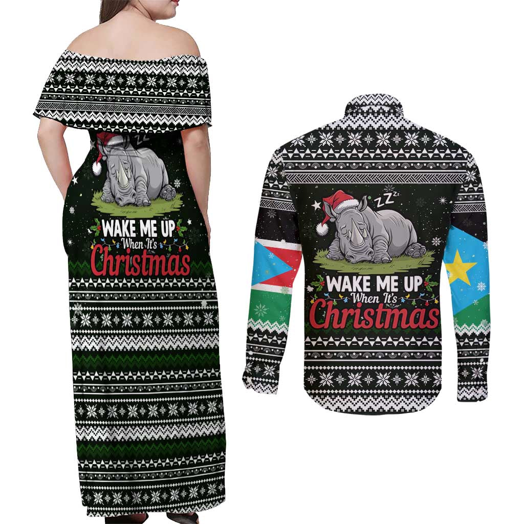 South Sudan Christmas Couples Matching Off Shoulder Maxi Dress and Long Sleeve Button Shirt with National Map, Flag Colors, and Sleeping Rhino Motif - Wonder Print Shop