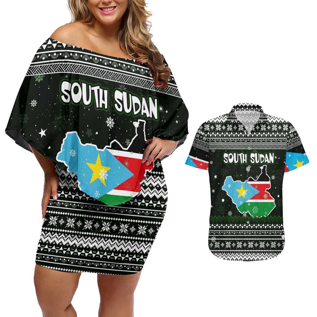 South Sudan Christmas Couples Matching Off Shoulder Short Dress and Hawaiian Shirt with National Map, Flag Colors, and Sleeping Rhino Motif - Wonder Print Shop