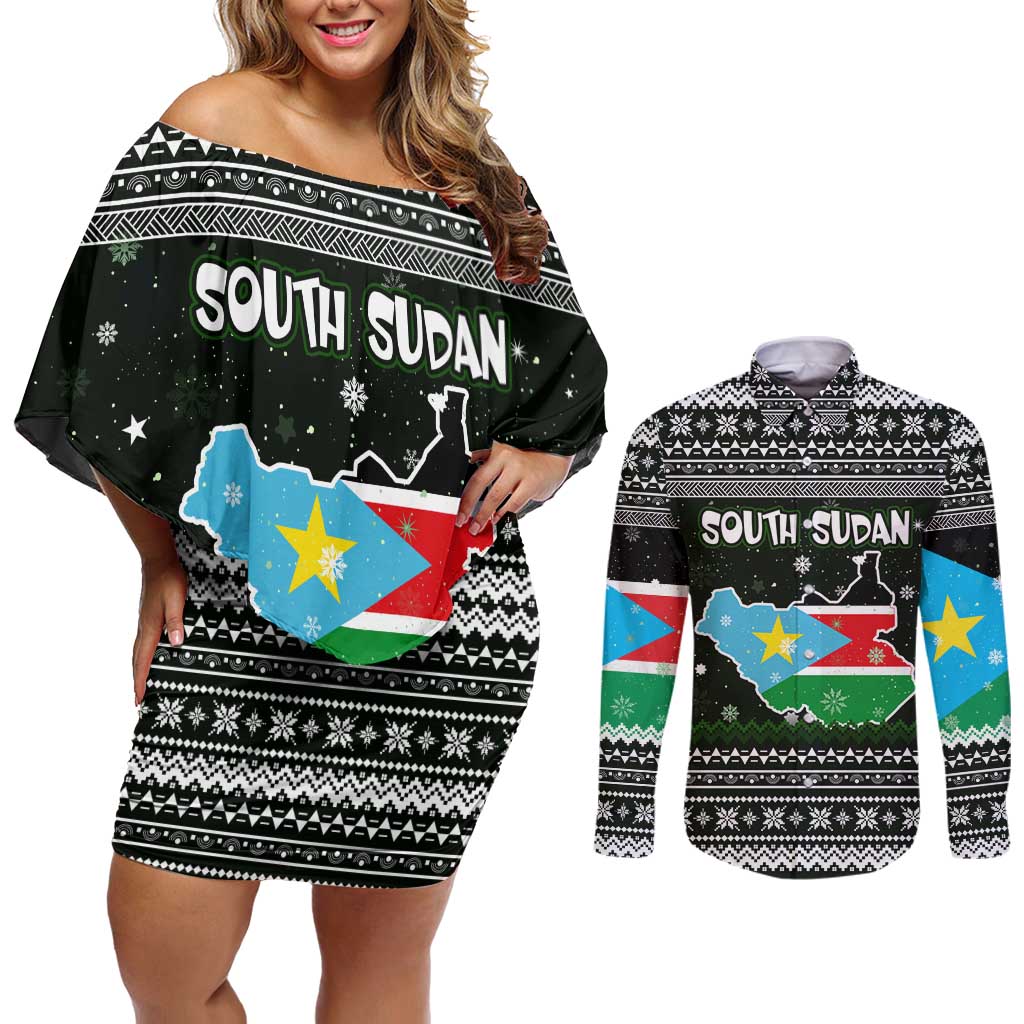 South Sudan Christmas Couples Matching Off Shoulder Short Dress and Long Sleeve Button Shirt with National Map, Flag Colors, and Sleeping Rhino Motif - Wonder Print Shop