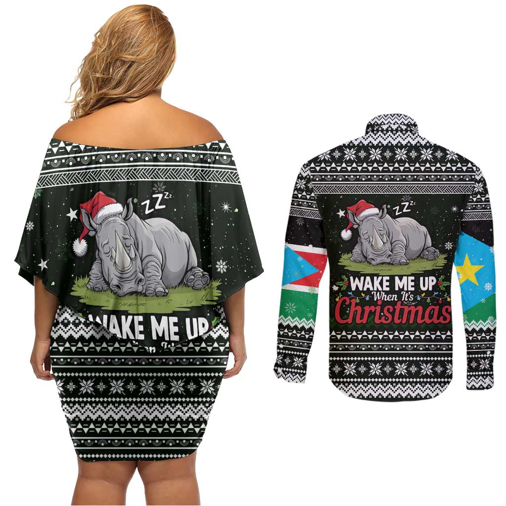 South Sudan Christmas Couples Matching Off Shoulder Short Dress and Long Sleeve Button Shirt with National Map, Flag Colors, and Sleeping Rhino Motif - Wonder Print Shop