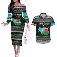 South Sudan Christmas Couples Matching Off The Shoulder Long Sleeve Dress and Hawaiian Shirt with National Map, Flag Colors, and Sleeping Rhino Motif - Wonder Print Shop