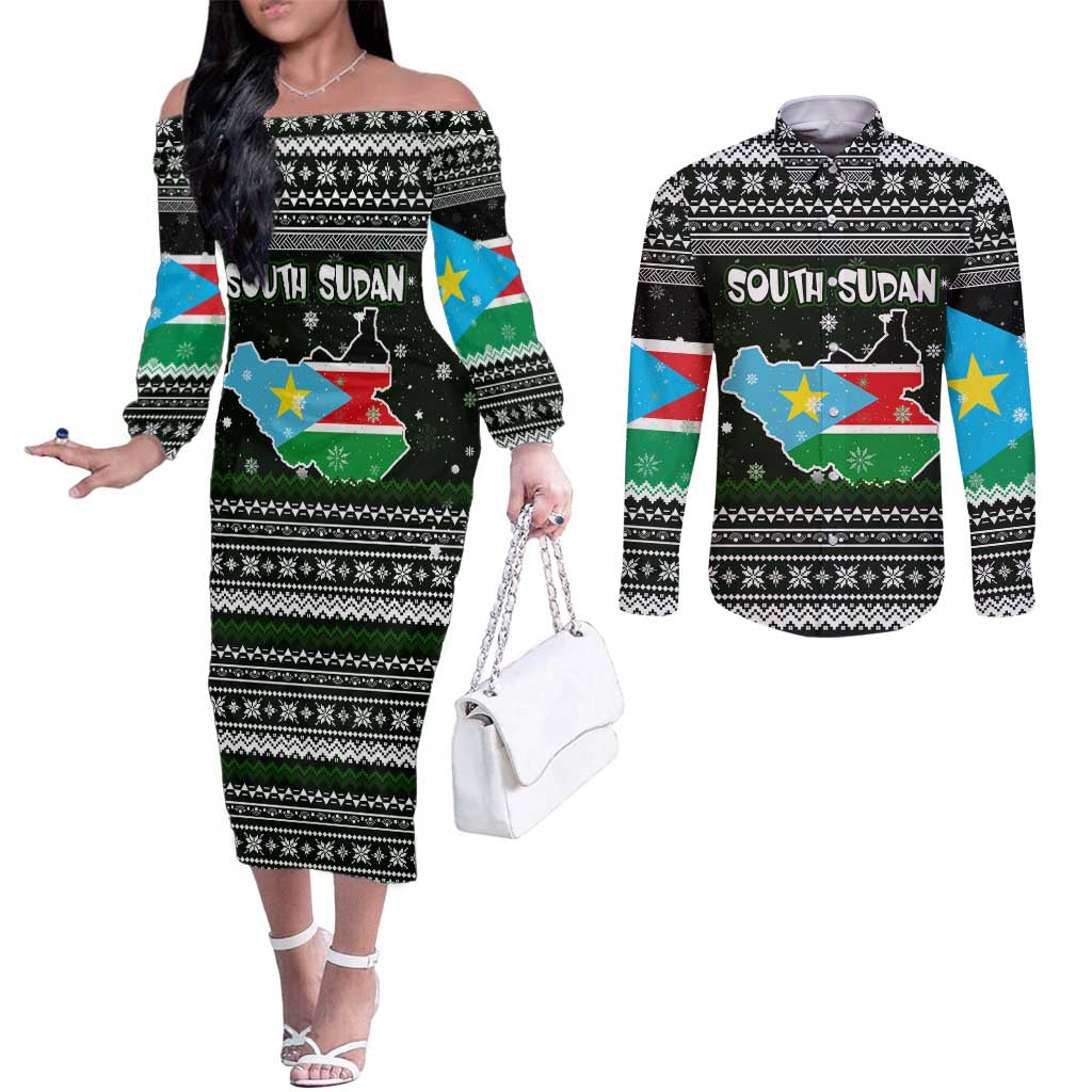 South Sudan Christmas Couples Matching Off The Shoulder Long Sleeve Dress and Long Sleeve Button Shirt with National Map, Flag Colors, and Sleeping Rhino Motif - Wonder Print Shop