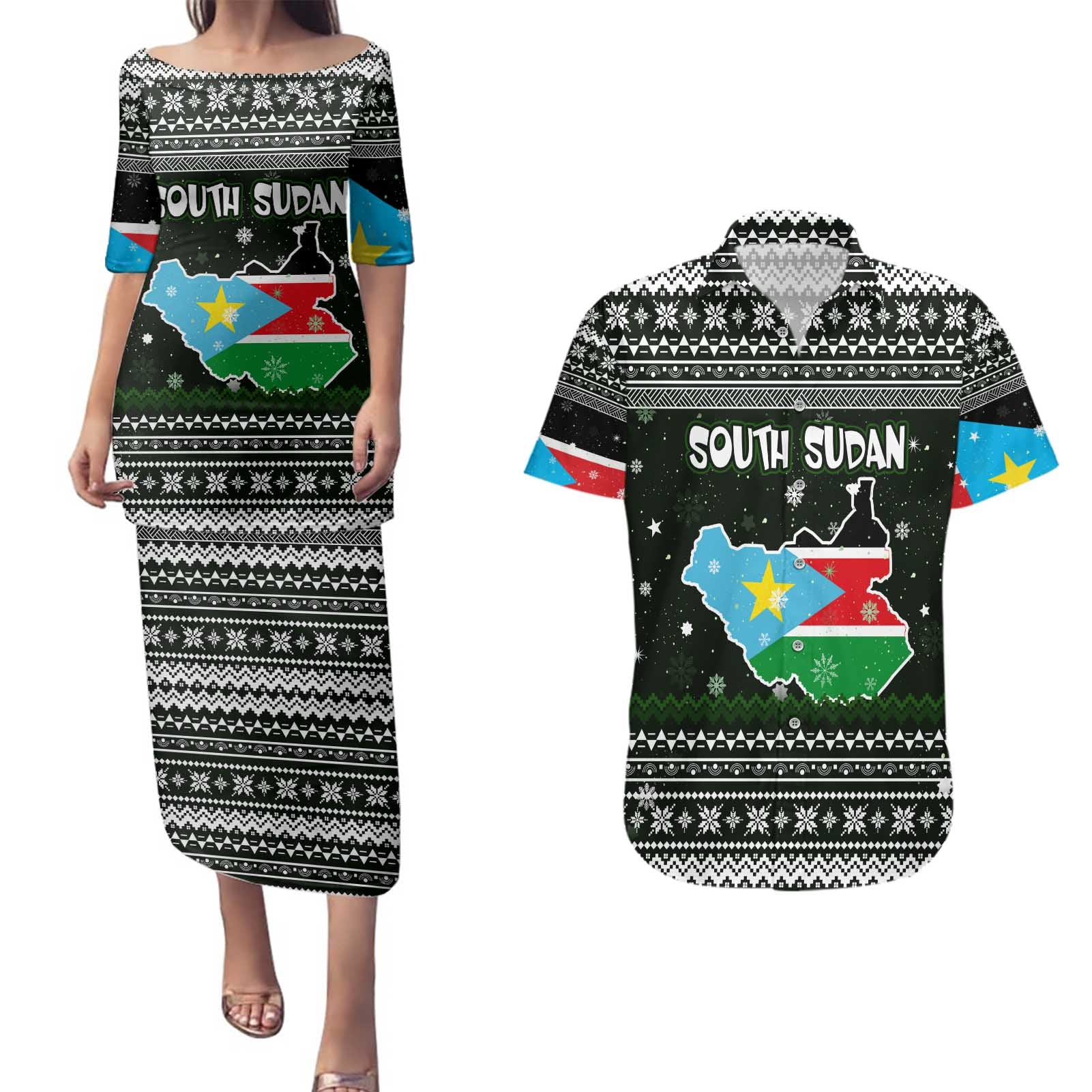 South Sudan Christmas Couples Matching Puletasi and Hawaiian Shirt with National Map, Flag Colors, and Sleeping Rhino Motif - Wonder Print Shop