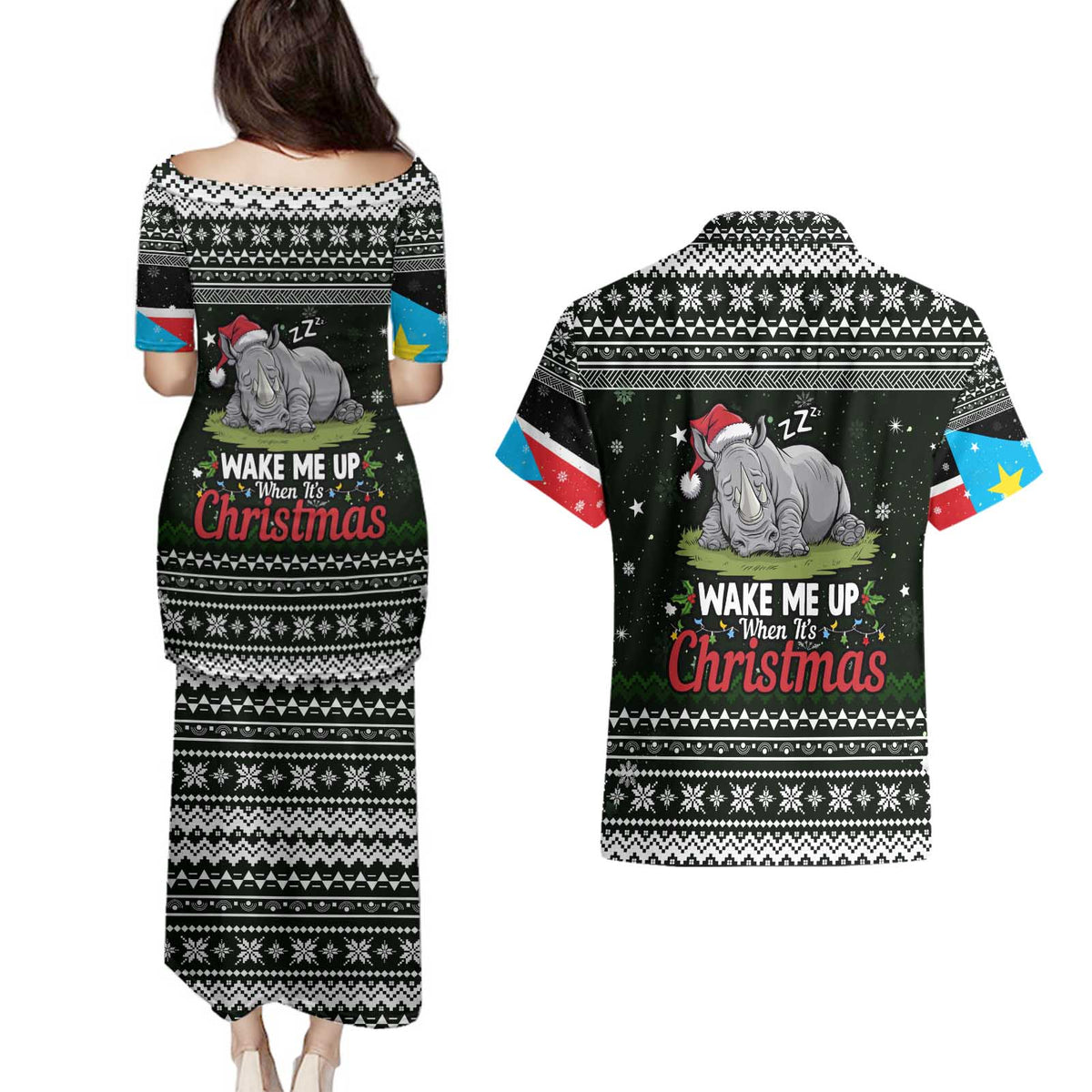 South Sudan Christmas Couples Matching Puletasi and Hawaiian Shirt with National Map, Flag Colors, and Sleeping Rhino Motif - Wonder Print Shop