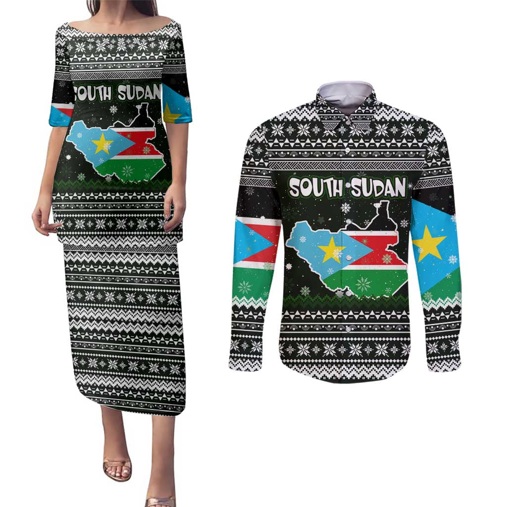 South Sudan Christmas Couples Matching Puletasi and Long Sleeve Button Shirt with National Map, Flag Colors, and Sleeping Rhino Motif - Wonder Print Shop