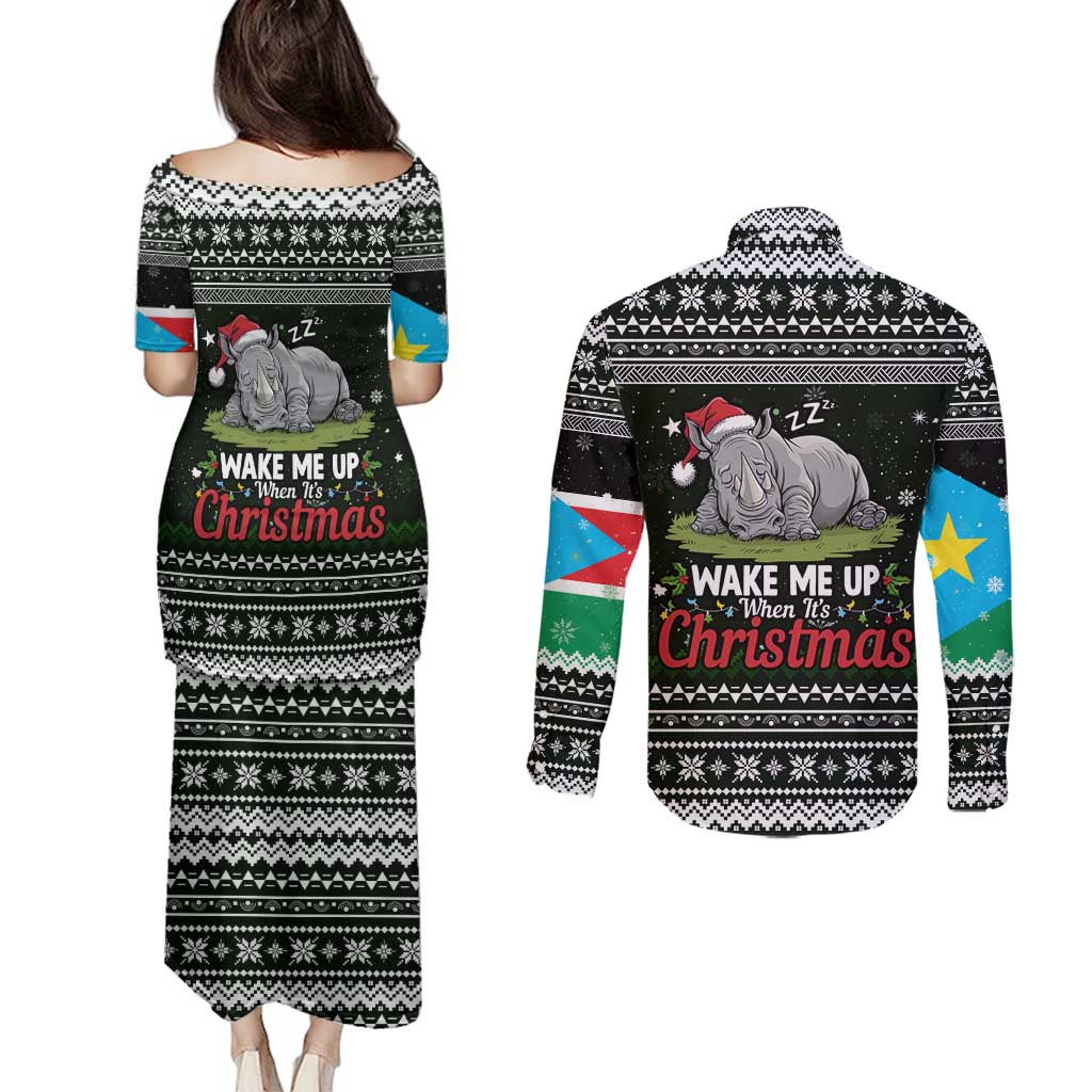 South Sudan Christmas Couples Matching Puletasi and Long Sleeve Button Shirt with National Map, Flag Colors, and Sleeping Rhino Motif - Wonder Print Shop
