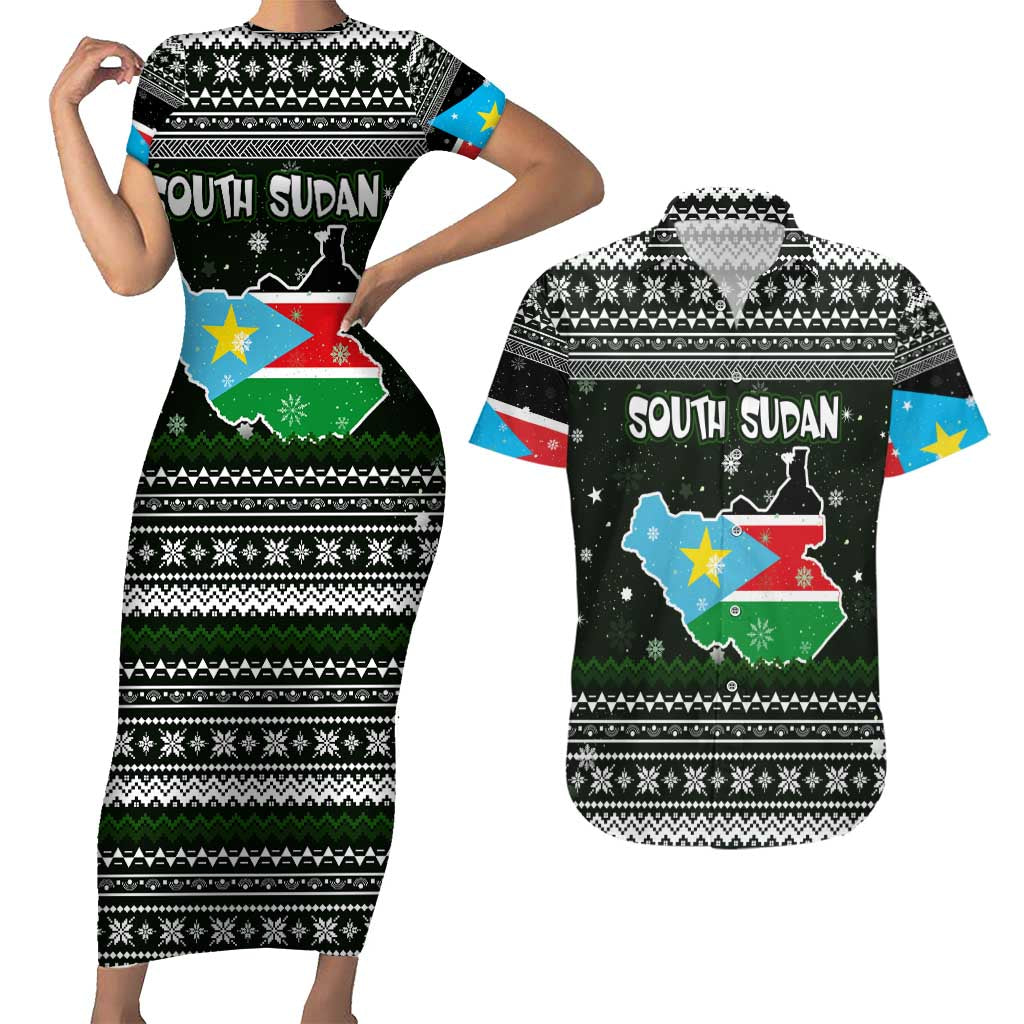 South Sudan Christmas Couples Matching Short Sleeve Bodycon Dress and Hawaiian Shirt with National Map, Flag Colors, and Sleeping Rhino Motif - Wonder Print Shop