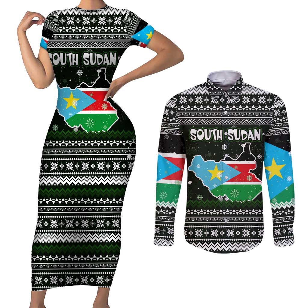 South Sudan Christmas Couples Matching Short Sleeve Bodycon Dress and Long Sleeve Button Shirt with National Map, Flag Colors, and Sleeping Rhino Motif - Wonder Print Shop
