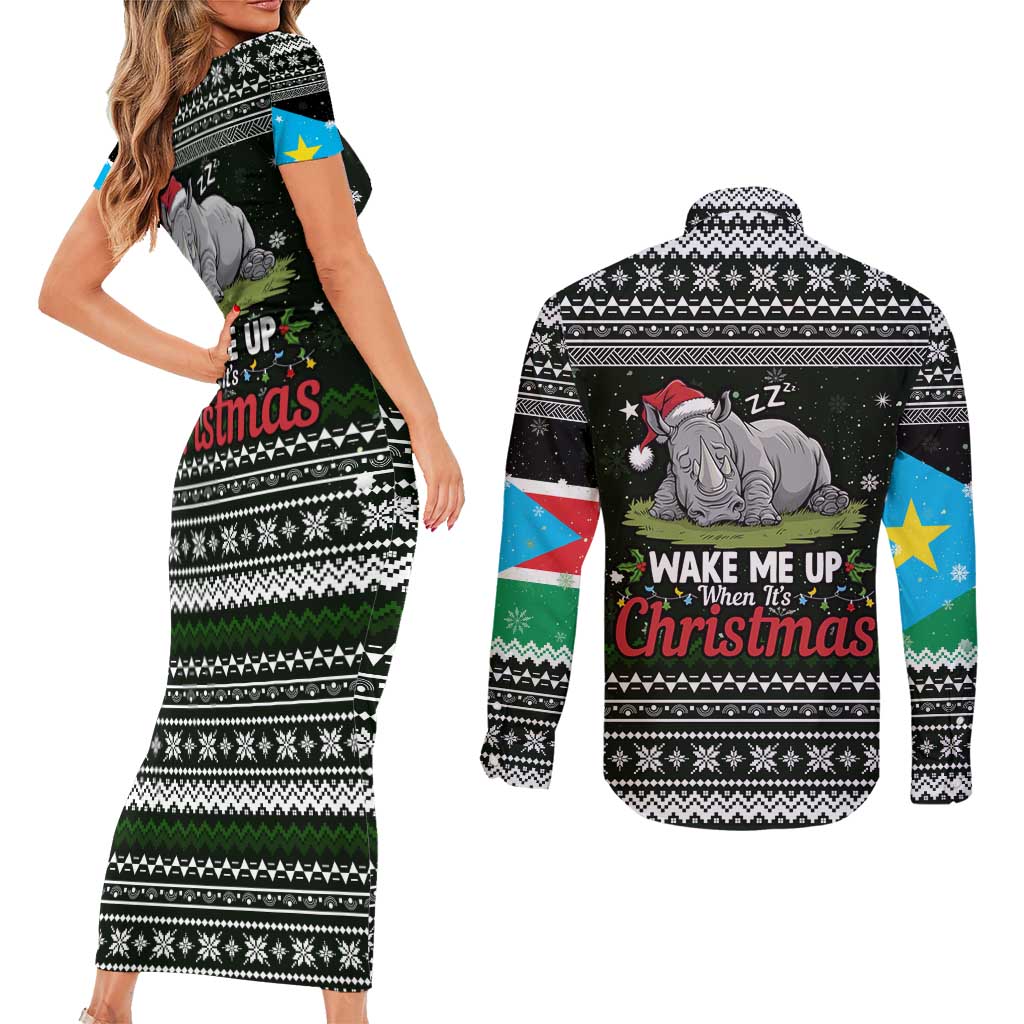 South Sudan Christmas Couples Matching Short Sleeve Bodycon Dress and Long Sleeve Button Shirt with National Map, Flag Colors, and Sleeping Rhino Motif - Wonder Print Shop