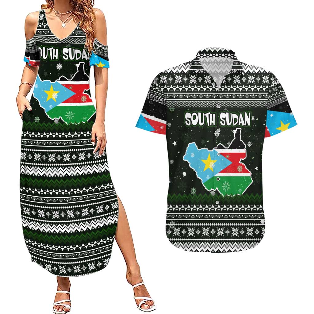 South Sudan Christmas Couples Matching Summer Maxi Dress and Hawaiian Shirt with National Map, Flag Colors, and Sleeping Rhino Motif - Wonder Print Shop