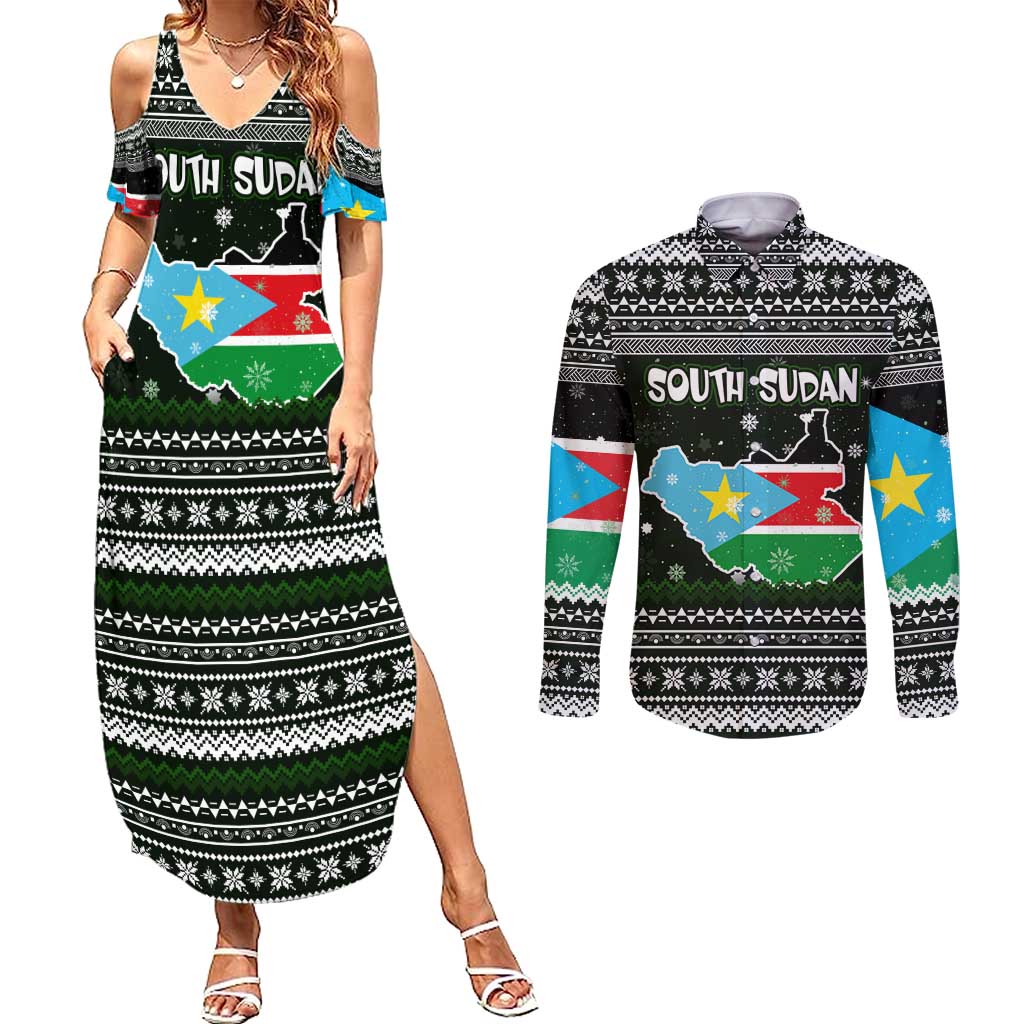 South Sudan Christmas Couples Matching Summer Maxi Dress and Long Sleeve Button Shirt with National Map, Flag Colors, and Sleeping Rhino Motif - Wonder Print Shop
