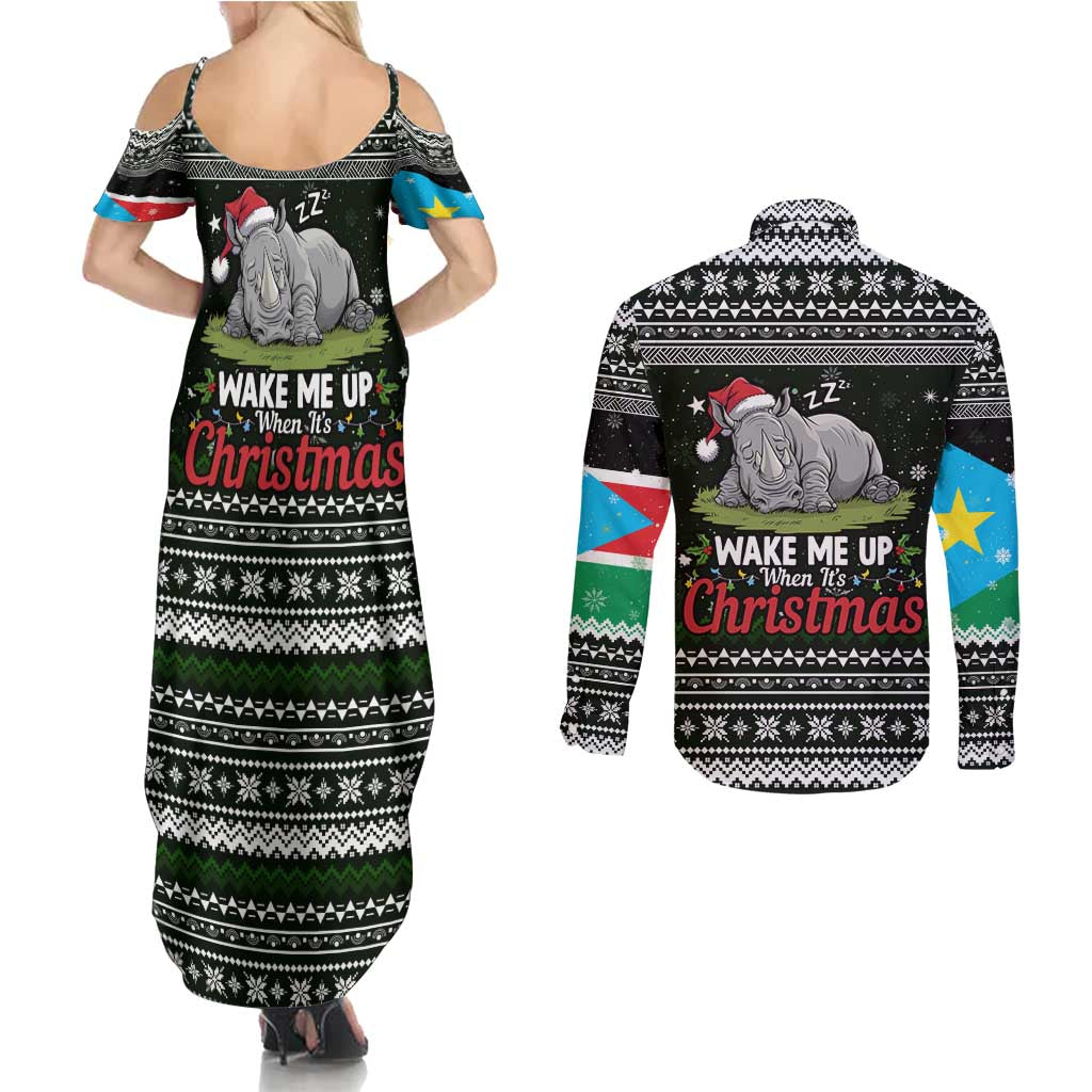 South Sudan Christmas Couples Matching Summer Maxi Dress and Long Sleeve Button Shirt with National Map, Flag Colors, and Sleeping Rhino Motif - Wonder Print Shop