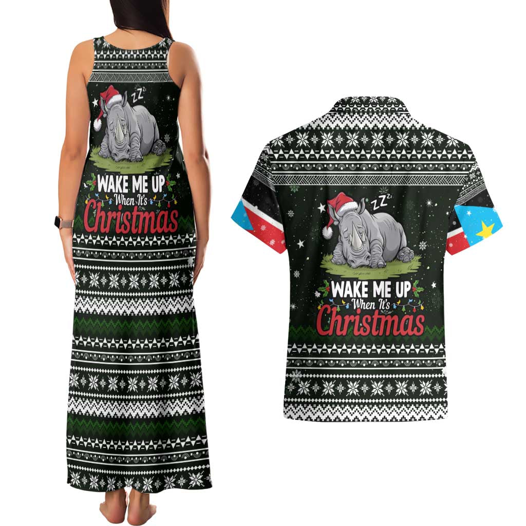 South Sudan Christmas Couples Matching Tank Maxi Dress and Hawaiian Shirt with National Map, Flag Colors, and Sleeping Rhino Motif - Wonder Print Shop