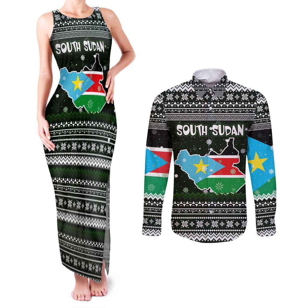South Sudan Christmas Couples Matching Tank Maxi Dress and Long Sleeve Button Shirt with National Map, Flag Colors, and Sleeping Rhino Motif - Wonder Print Shop