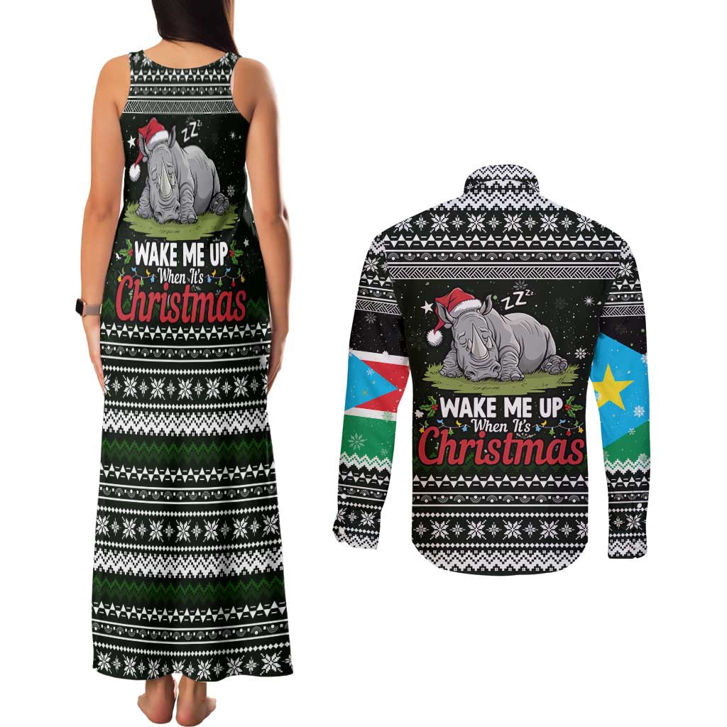 South Sudan Christmas Couples Matching Tank Maxi Dress and Long Sleeve Button Shirt with National Map, Flag Colors, and Sleeping Rhino Motif - Wonder Print Shop