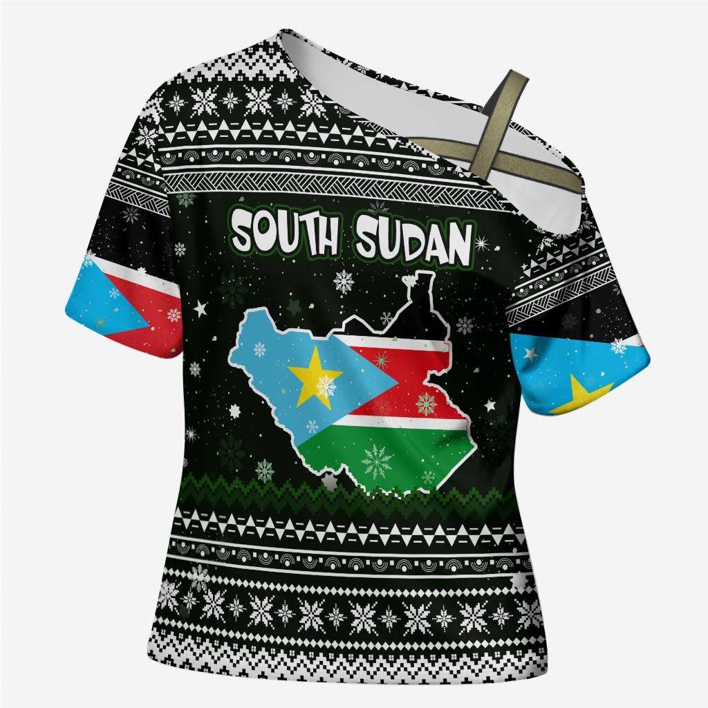 South Sudan Christmas Cross Shoulder Shirt with National Map, Flag Colors, and Sleeping Rhino Motif - Wonder Print Shop