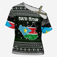 South Sudan Christmas Cross Shoulder Shirt with National Map, Flag Colors, and Sleeping Rhino Motif - Wonder Print Shop