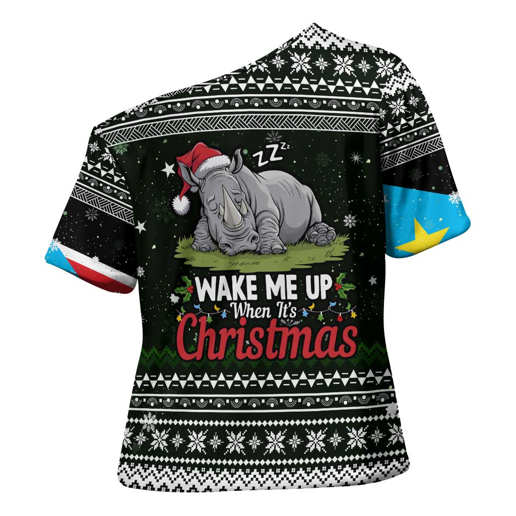 South Sudan Christmas Cross Shoulder Shirt with National Map, Flag Colors, and Sleeping Rhino Motif - Wonder Print Shop