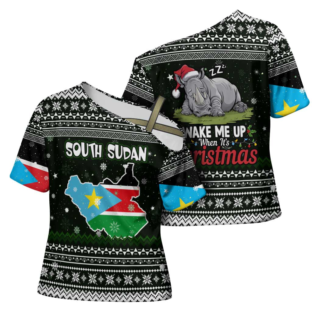 South Sudan Christmas Cross Shoulder Shirt with National Map, Flag Colors, and Sleeping Rhino Motif - Wonder Print Shop