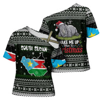 South Sudan Christmas Cross Shoulder Shirt with National Map, Flag Colors, and Sleeping Rhino Motif - Wonder Print Shop