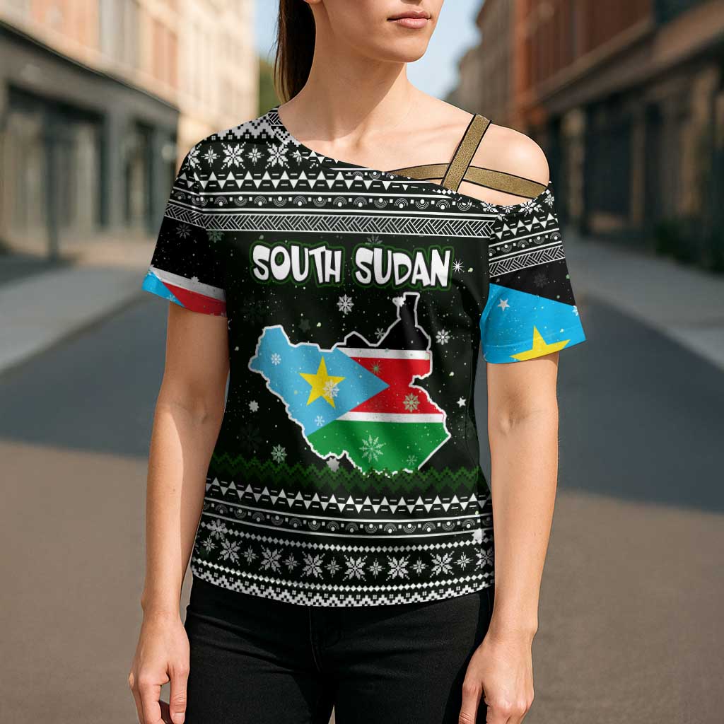 South Sudan Christmas Cross Shoulder Shirt with National Map, Flag Colors, and Sleeping Rhino Motif - Wonder Print Shop