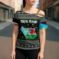 South Sudan Christmas Cross Shoulder Shirt with National Map, Flag Colors, and Sleeping Rhino Motif - Wonder Print Shop