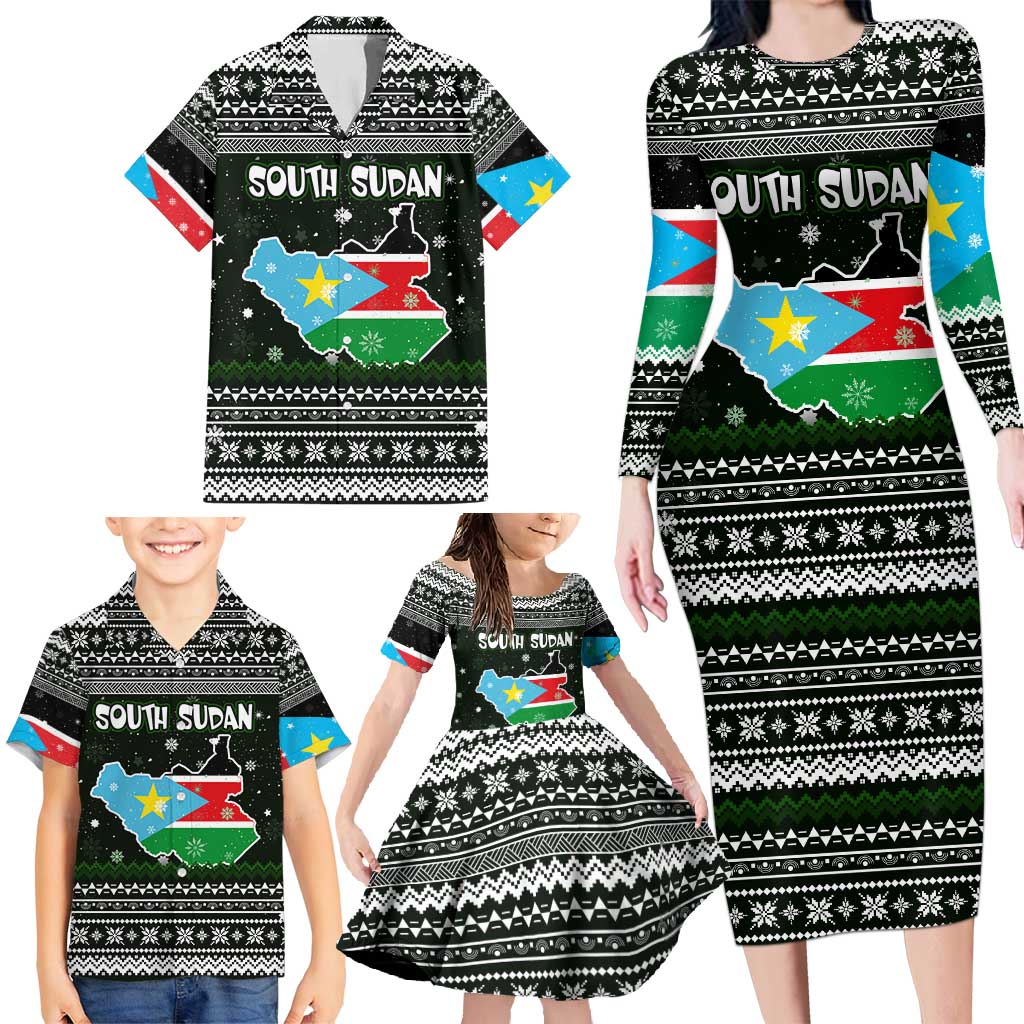 South Sudan Christmas Family Matching Long Sleeve Bodycon Dress and Hawaiian Shirt with National Map, Flag Colors, and Sleeping Rhino Motif - Wonder Print Shop