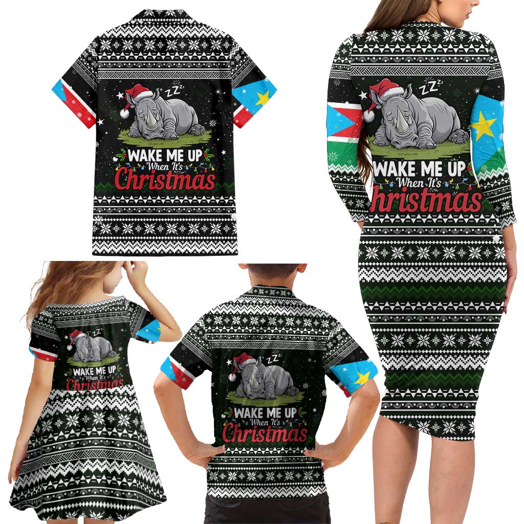 South Sudan Christmas Family Matching Long Sleeve Bodycon Dress and Hawaiian Shirt with National Map, Flag Colors, and Sleeping Rhino Motif - Wonder Print Shop