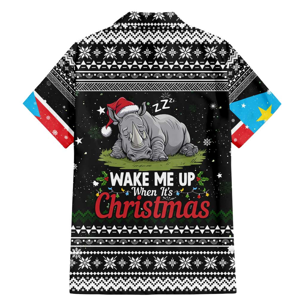 South Sudan Christmas Family Matching Long Sleeve Bodycon Dress and Hawaiian Shirt with National Map, Flag Colors, and Sleeping Rhino Motif - Wonder Print Shop