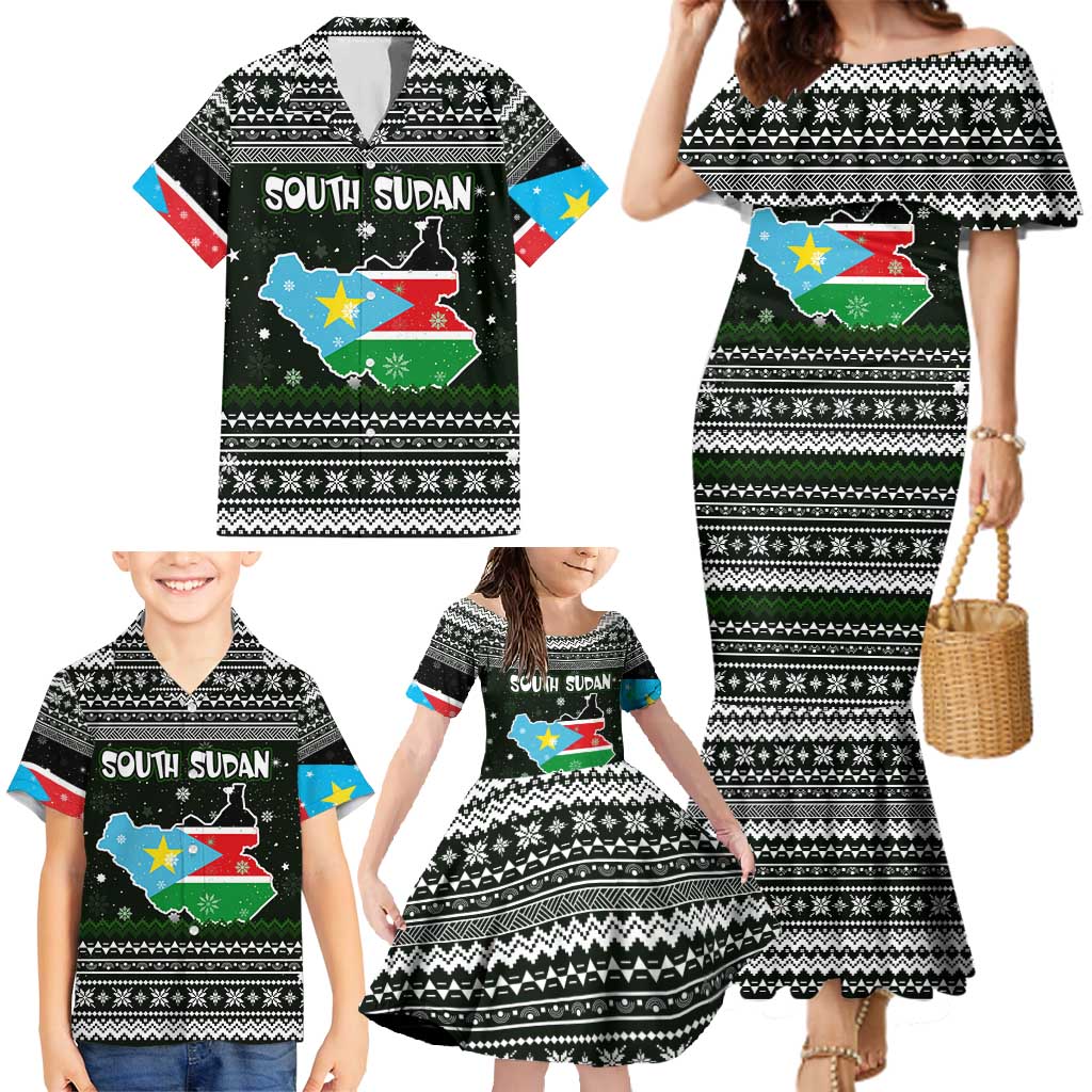 South Sudan Christmas Family Matching Mermaid Dress and Hawaiian Shirt with National Map, Flag Colors, and Sleeping Rhino Motif - Wonder Print Shop