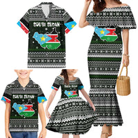 South Sudan Christmas Family Matching Mermaid Dress and Hawaiian Shirt with National Map, Flag Colors, and Sleeping Rhino Motif - Wonder Print Shop