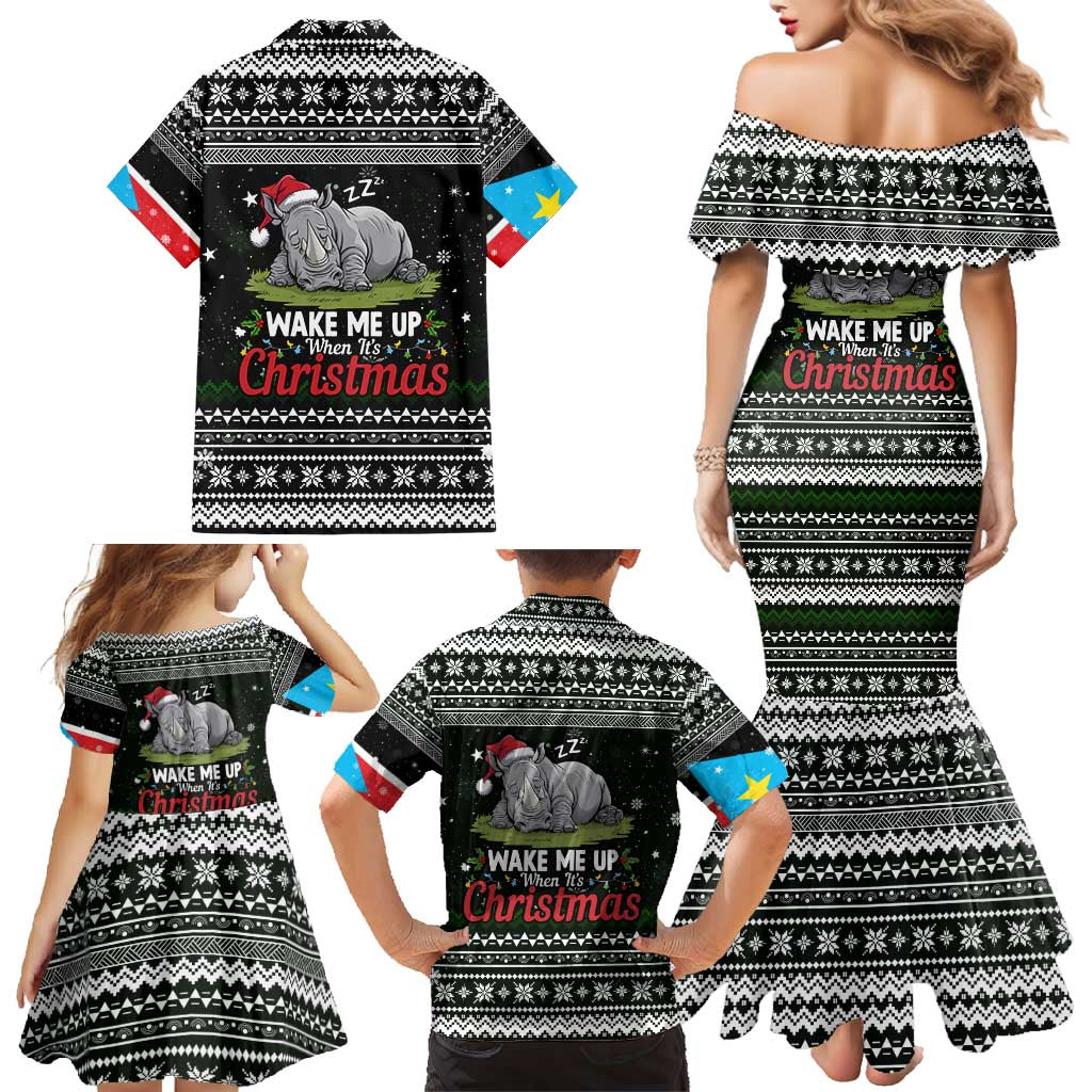 South Sudan Christmas Family Matching Mermaid Dress and Hawaiian Shirt with National Map, Flag Colors, and Sleeping Rhino Motif - Wonder Print Shop