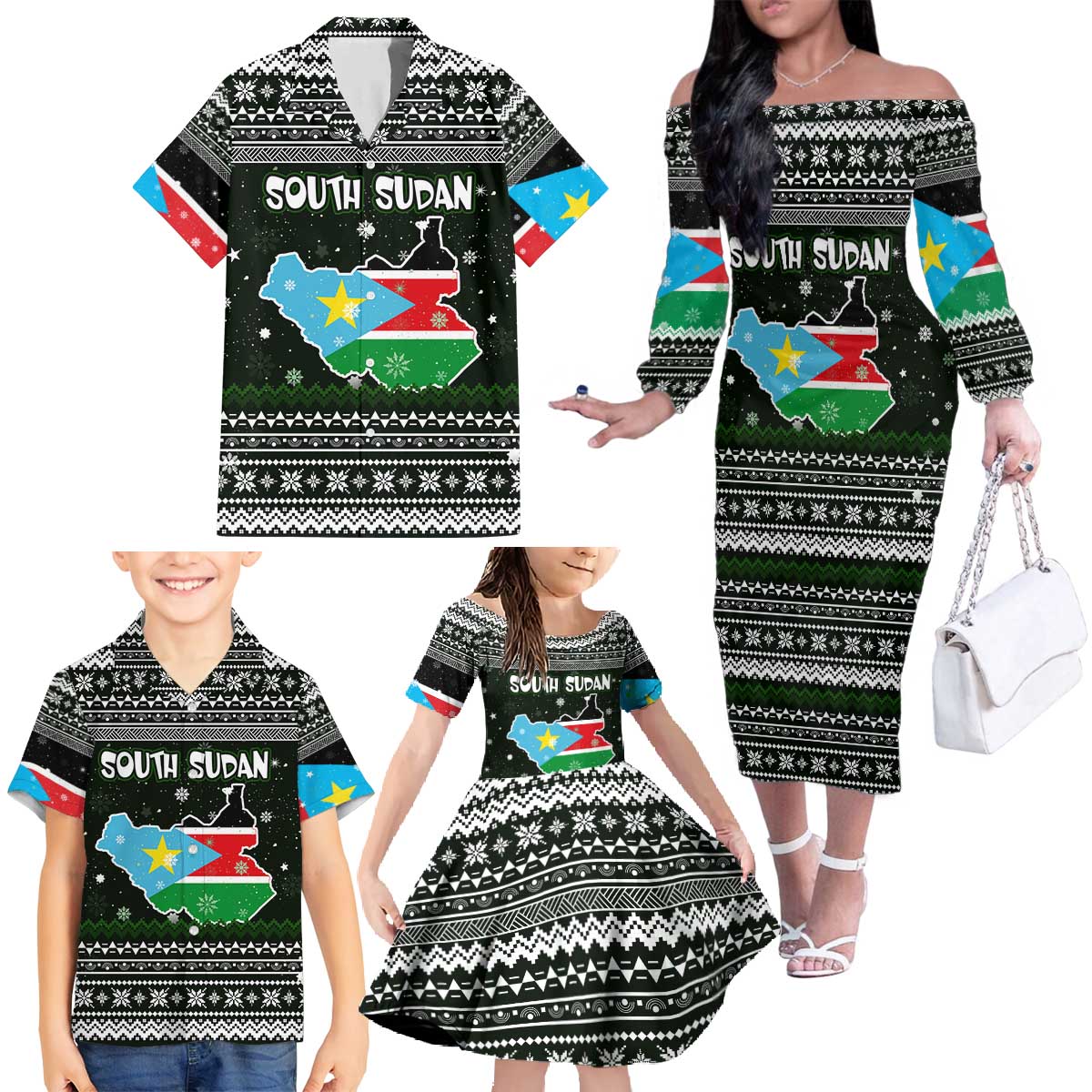 South Sudan Christmas Family Matching Off The Shoulder Long Sleeve Dress and Hawaiian Shirt with National Map, Flag Colors, and Sleeping Rhino Motif - Wonder Print Shop