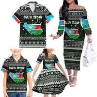 South Sudan Christmas Family Matching Off The Shoulder Long Sleeve Dress and Hawaiian Shirt with National Map, Flag Colors, and Sleeping Rhino Motif - Wonder Print Shop