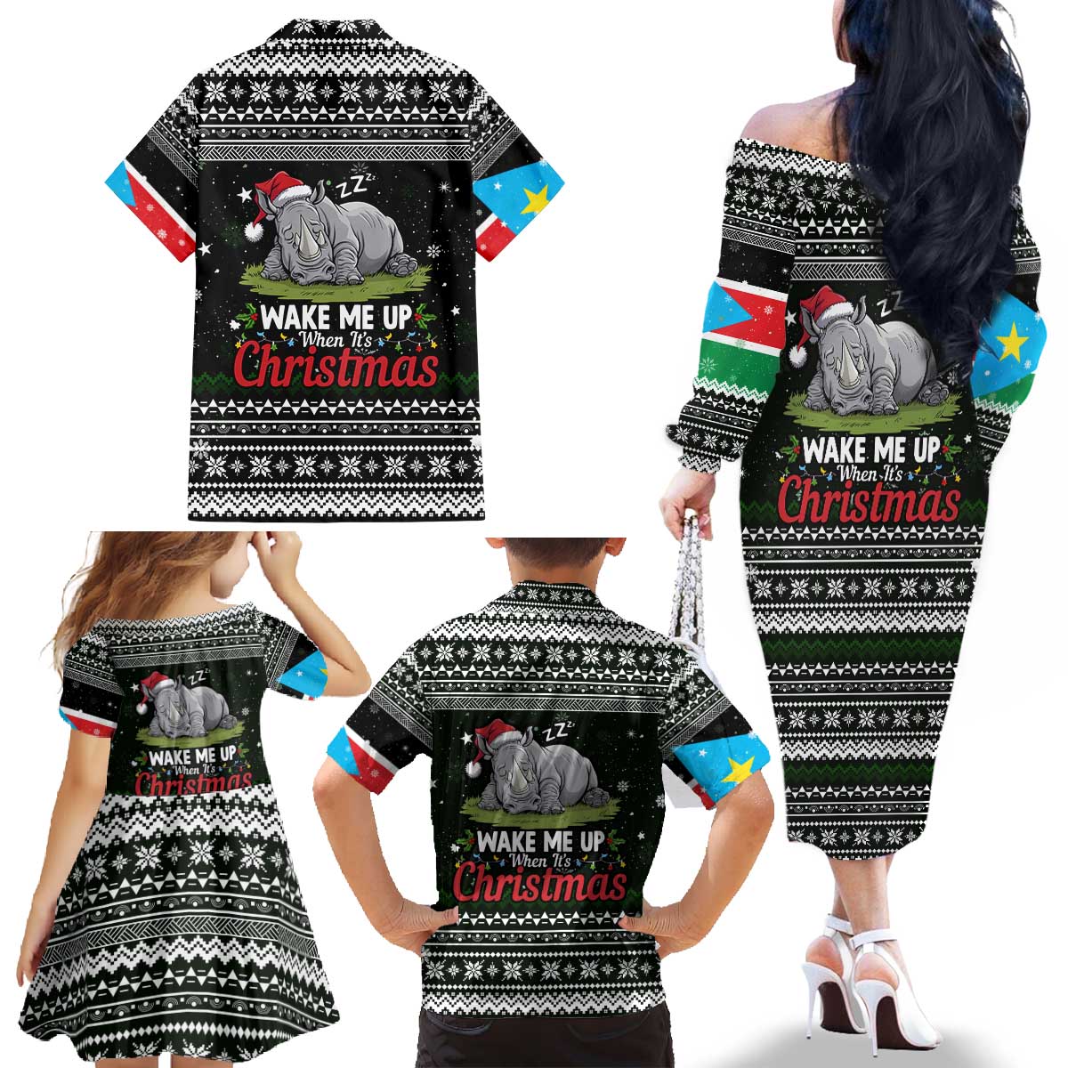 South Sudan Christmas Family Matching Off The Shoulder Long Sleeve Dress and Hawaiian Shirt with National Map, Flag Colors, and Sleeping Rhino Motif - Wonder Print Shop