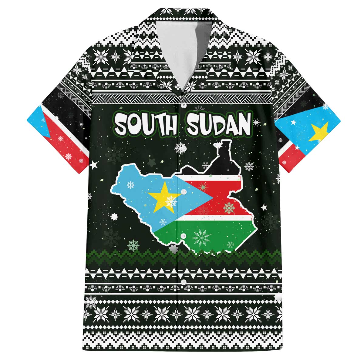 South Sudan Christmas Family Matching Off The Shoulder Long Sleeve Dress and Hawaiian Shirt with National Map, Flag Colors, and Sleeping Rhino Motif - Wonder Print Shop