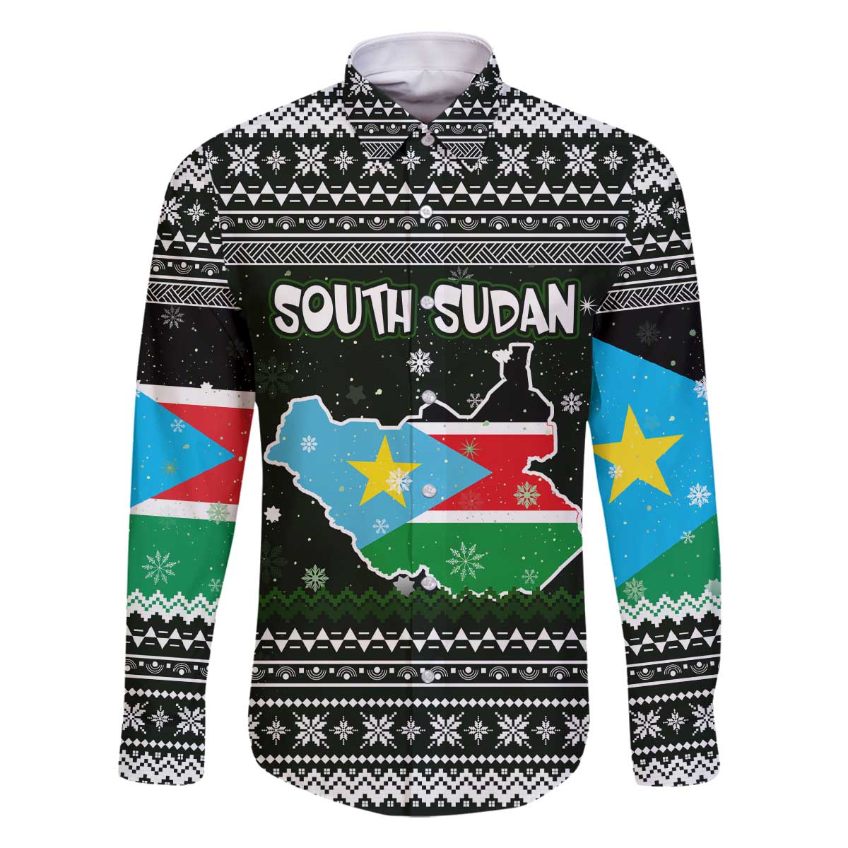South Sudan Christmas Family Matching Off The Shoulder Long Sleeve Dress and Hawaiian Shirt with National Map, Flag Colors, and Sleeping Rhino Motif - Wonder Print Shop