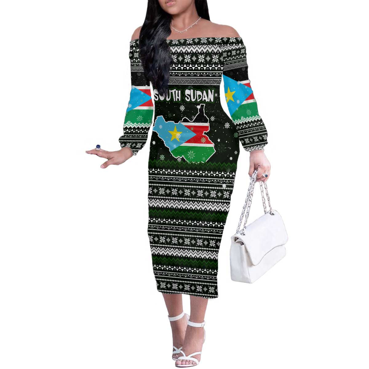 South Sudan Christmas Family Matching Off The Shoulder Long Sleeve Dress and Hawaiian Shirt with National Map, Flag Colors, and Sleeping Rhino Motif - Wonder Print Shop