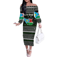 South Sudan Christmas Family Matching Off The Shoulder Long Sleeve Dress and Hawaiian Shirt with National Map, Flag Colors, and Sleeping Rhino Motif - Wonder Print Shop