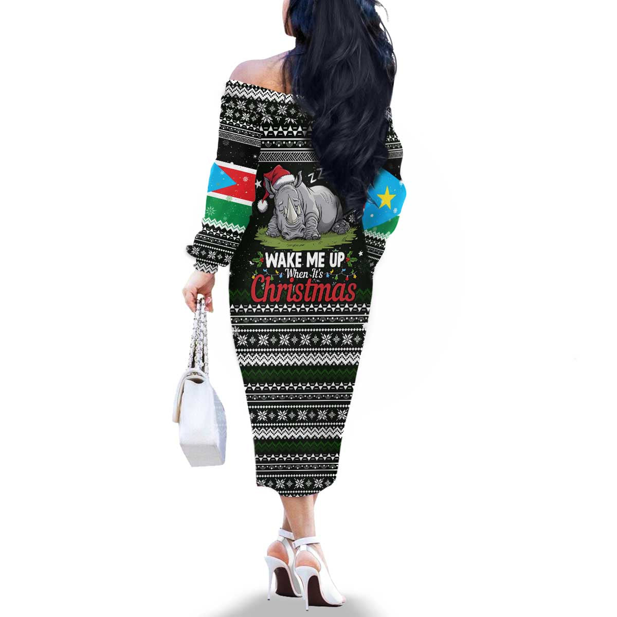South Sudan Christmas Family Matching Off The Shoulder Long Sleeve Dress and Hawaiian Shirt with National Map, Flag Colors, and Sleeping Rhino Motif - Wonder Print Shop