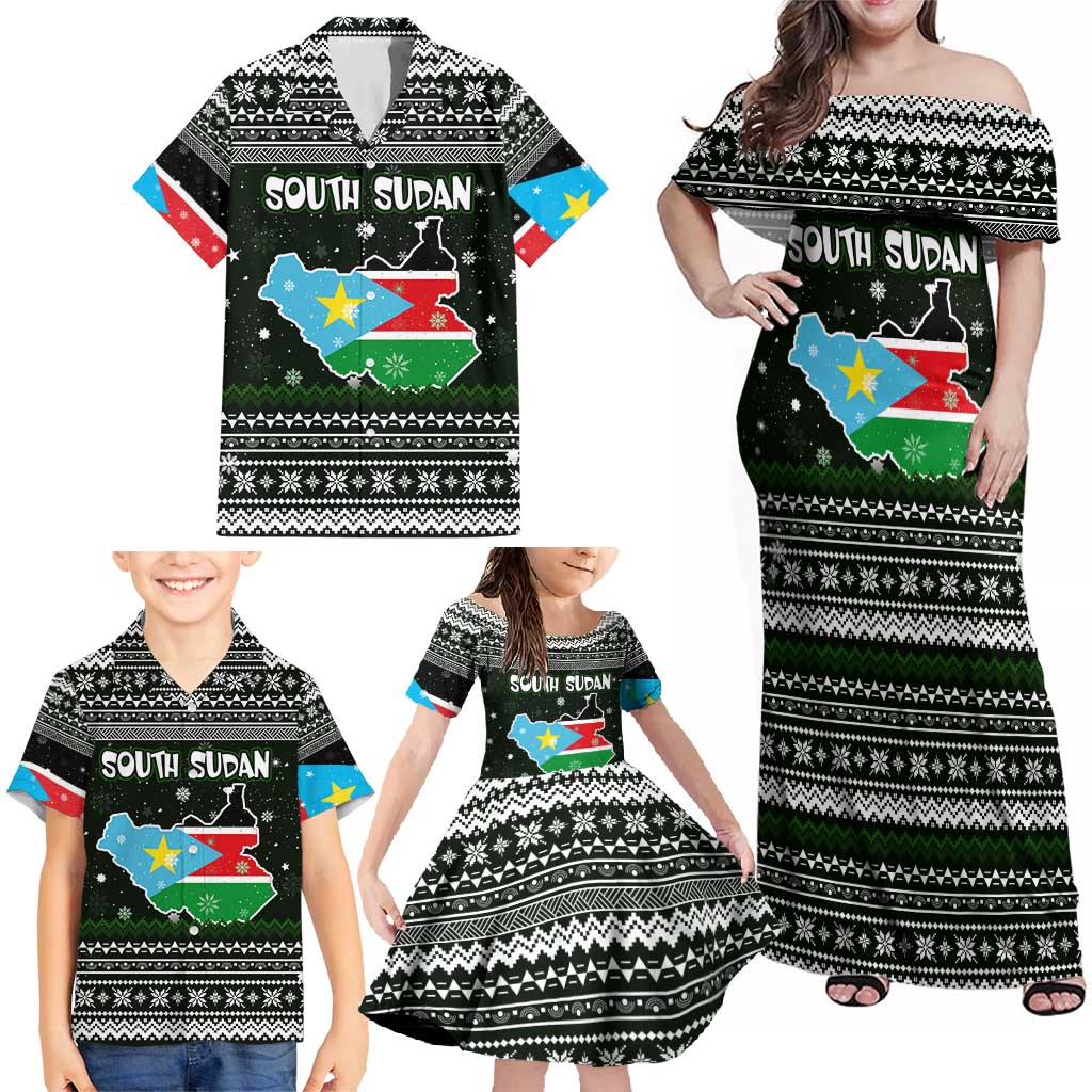 South Sudan Christmas Family Matching Off Shoulder Maxi Dress and Hawaiian Shirt with National Map, Flag Colors, and Sleeping Rhino Motif - Wonder Print Shop