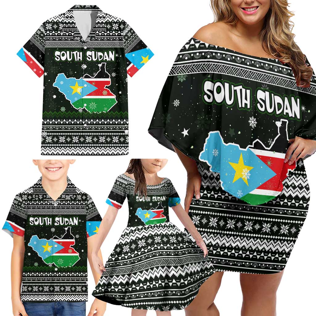 South Sudan Christmas Family Matching Off Shoulder Short Dress and Hawaiian Shirt with National Map, Flag Colors, and Sleeping Rhino Motif - Wonder Print Shop