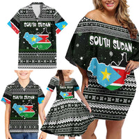 South Sudan Christmas Family Matching Off Shoulder Short Dress and Hawaiian Shirt with National Map, Flag Colors, and Sleeping Rhino Motif - Wonder Print Shop