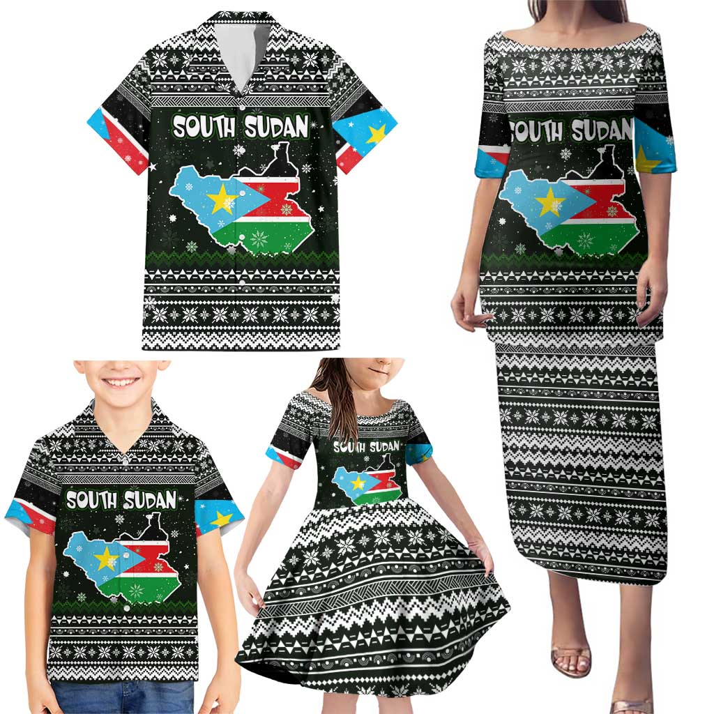 South Sudan Christmas Family Matching Puletasi and Hawaiian Shirt with National Map, Flag Colors, and Sleeping Rhino Motif - Wonder Print Shop