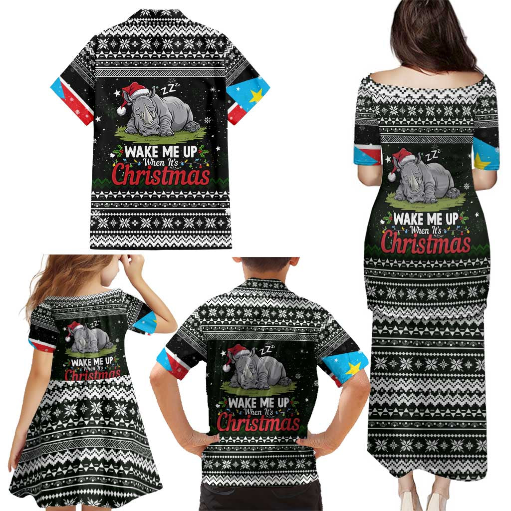 South Sudan Christmas Family Matching Puletasi and Hawaiian Shirt with National Map, Flag Colors, and Sleeping Rhino Motif - Wonder Print Shop
