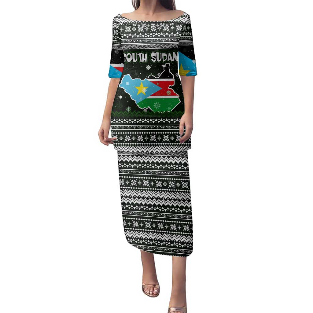 South Sudan Christmas Family Matching Puletasi and Hawaiian Shirt with National Map, Flag Colors, and Sleeping Rhino Motif - Wonder Print Shop