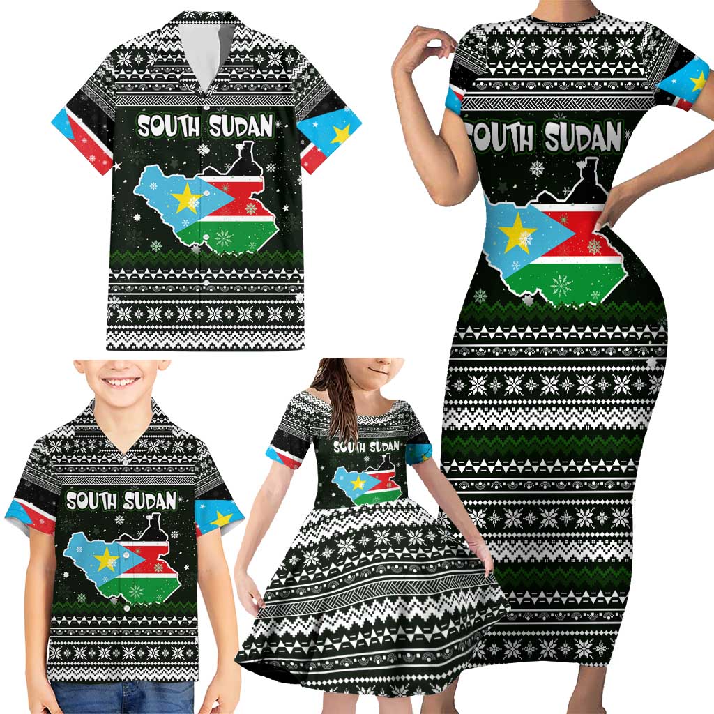 South Sudan Christmas Family Matching Short Sleeve Bodycon Dress and Hawaiian Shirt with National Map, Flag Colors, and Sleeping Rhino Motif - Wonder Print Shop