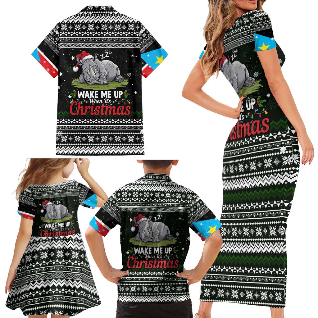 South Sudan Christmas Family Matching Short Sleeve Bodycon Dress and Hawaiian Shirt with National Map, Flag Colors, and Sleeping Rhino Motif - Wonder Print Shop